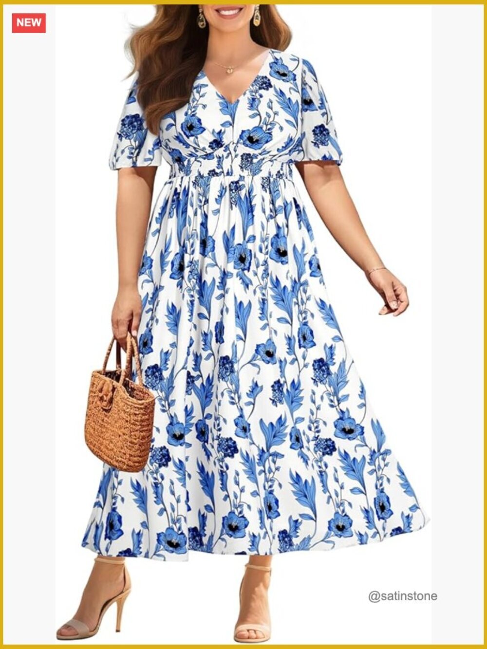 Plus Size Summer Maxi Dress with V Neck and Puff Sleeves